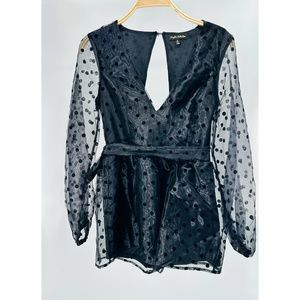 Kaylee Collections Black Mesh Deep V Polka Dot Long Sleeve Romper